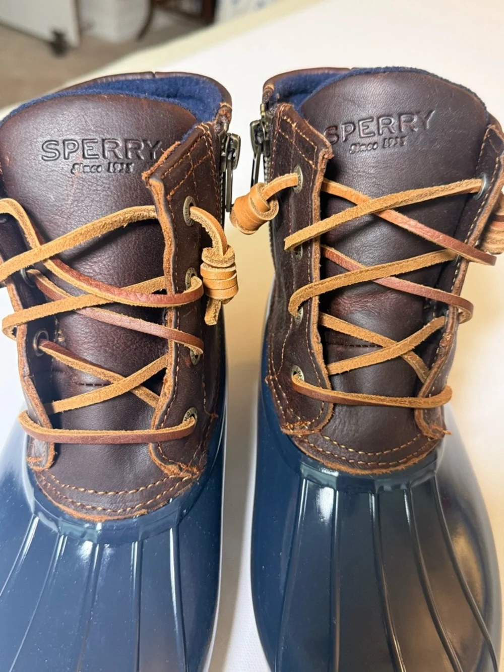 Sperry Saltwater Duck‎ Boots Tan & Navy Leather Waterproof Women’s 6M NEW